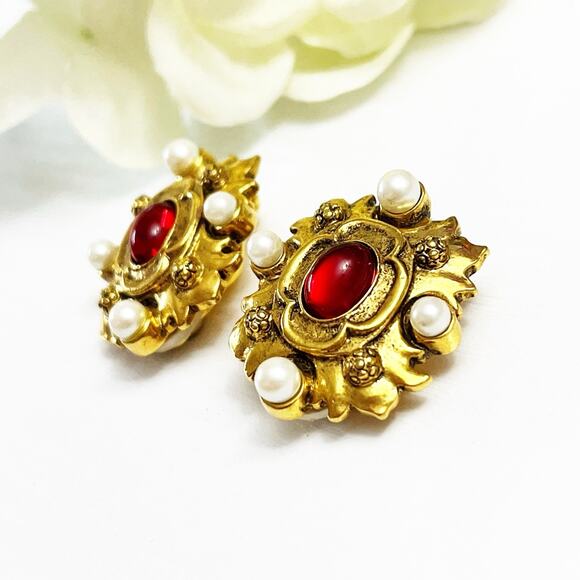 Vatican Library Collection Vintage Red Stone Pearl Gold Baroque Clip Earrings - Picture 3 of 5